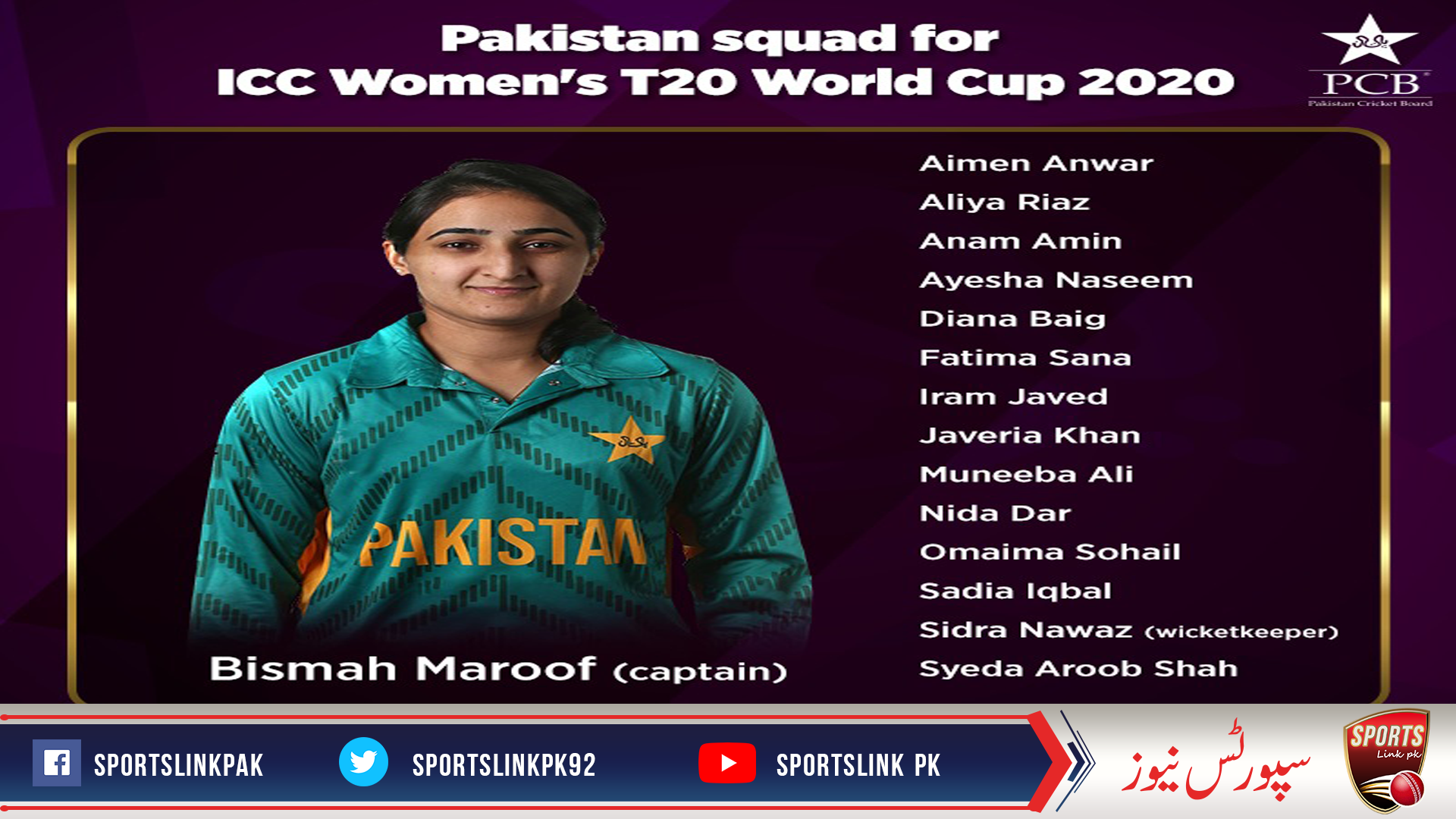 Pakistan squad for ICC Women’s T20 World Cup announced