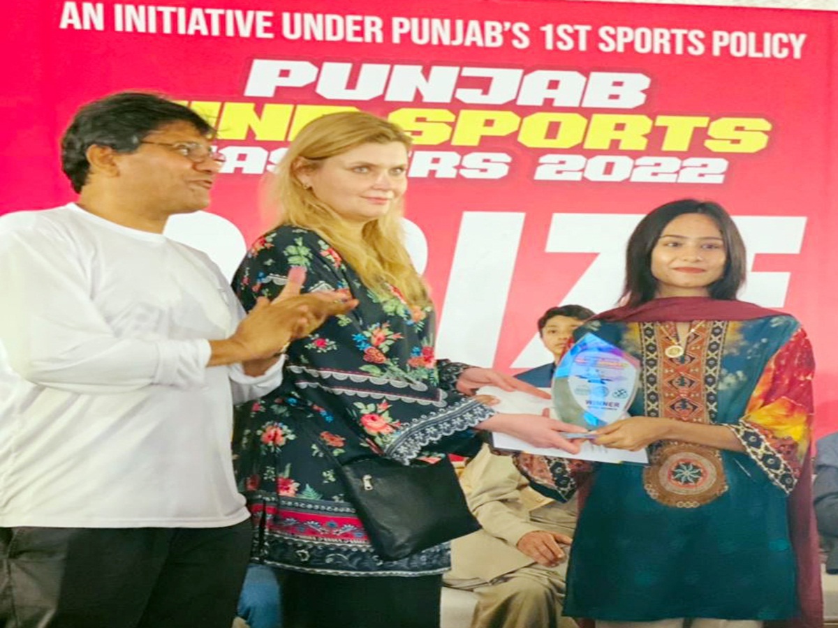 Punjab Minister for Sports and Youth Affairs Rai Taimoor Khan Bhatti greets winners and other position holders of the mega event